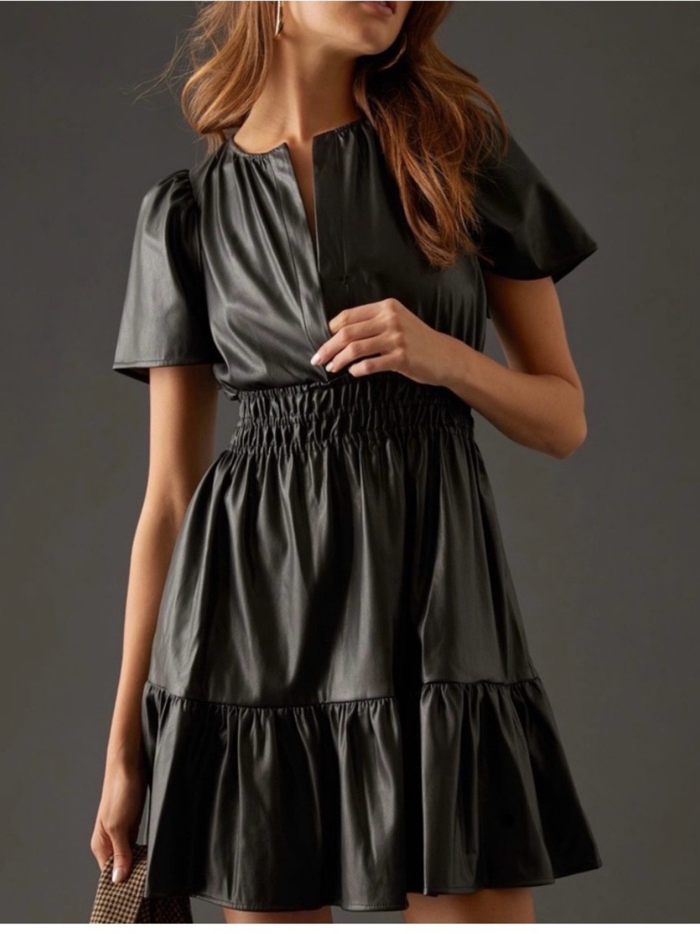 Anthropologie Black Faux Leather Short Sleeve Tiered Mini Dress